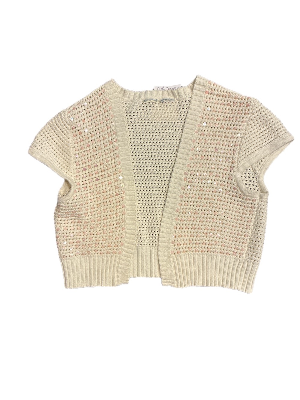 Cropped Off White Crochet Style Knit Shrug with Pink Sequins Size Small